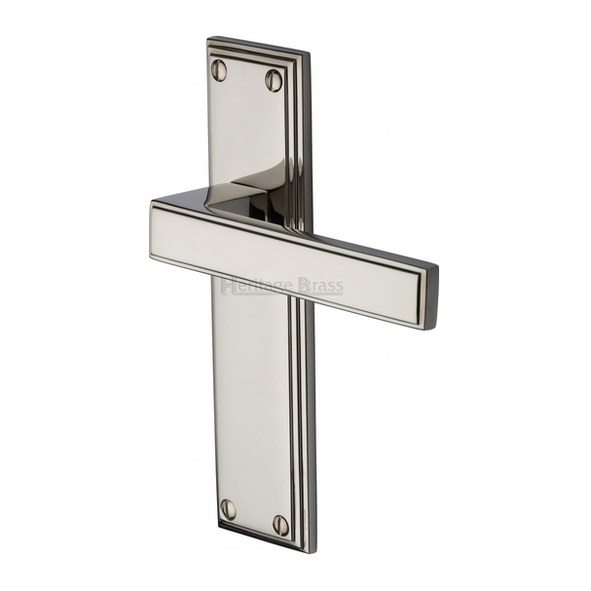 ATL5710-PNF • Long Plate Latch • Polished Nickel • Heritage Brass Atlantis Art Deco Levers On Backplates