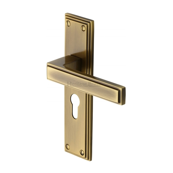 ATL5748-AT • Euro Cylinder [47.5mm] • Antique Brass • Heritage Brass Atlantis Art Deco Levers On Backplates
