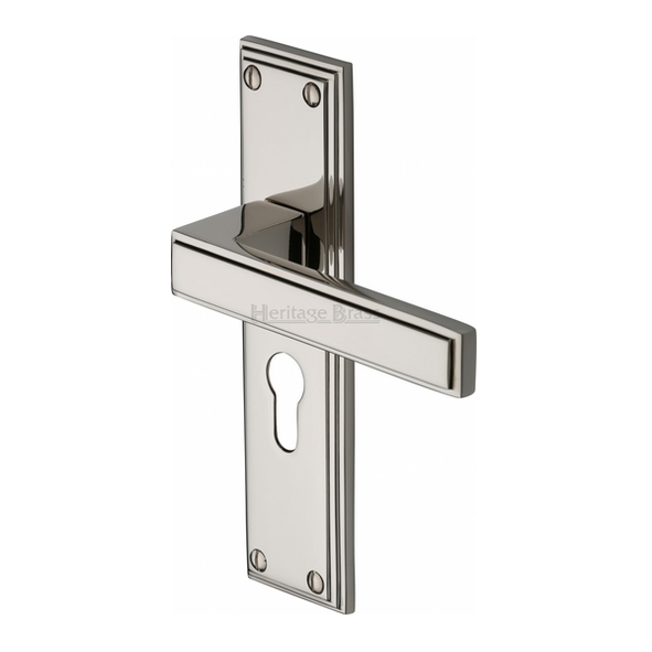 ATL5748-PNF  Euro Cylinder [47.5mm]  Polished Nickel  Heritage Brass Atlantis Art Deco Levers On Backplates