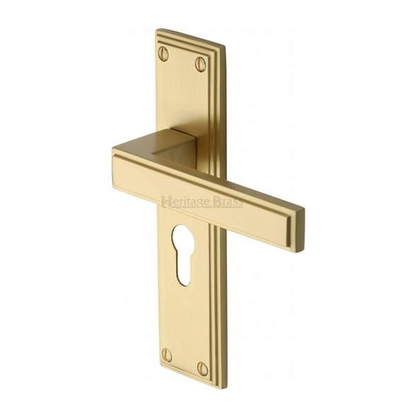 ATL5748-SB  Euro Cylinder [47.5mm]  Satin Brass  Heritage Brass Atlantis Art Deco Levers On Backplates