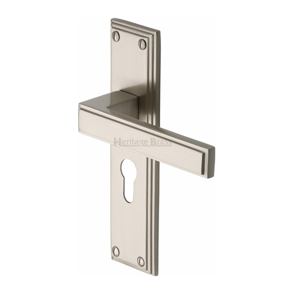 ATL5748-SN  Euro Cylinder [47.5mm]  Satin Nickel  Heritage Brass Atlantis Art Deco Levers On Backplates