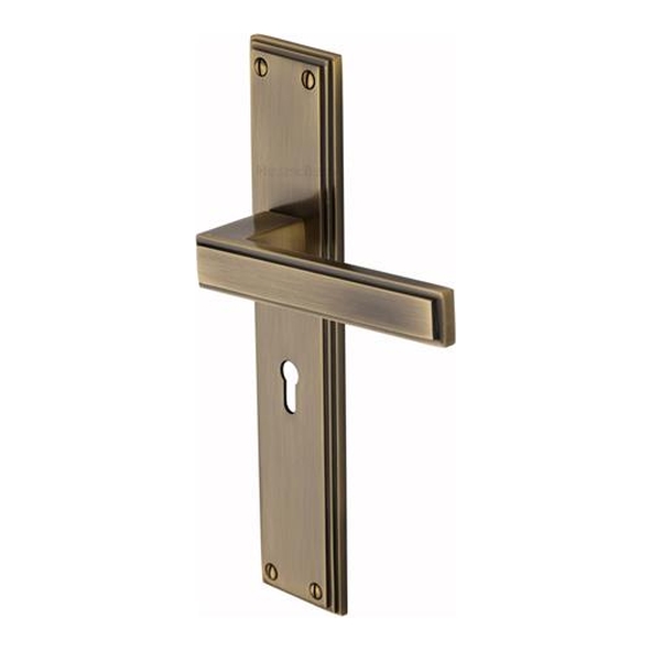 ATL6700-AT � Standard Lock [57mm] � Antique Brass � Heritage Brass Atlantis Long Backplate Art Deco Levers On Backplates