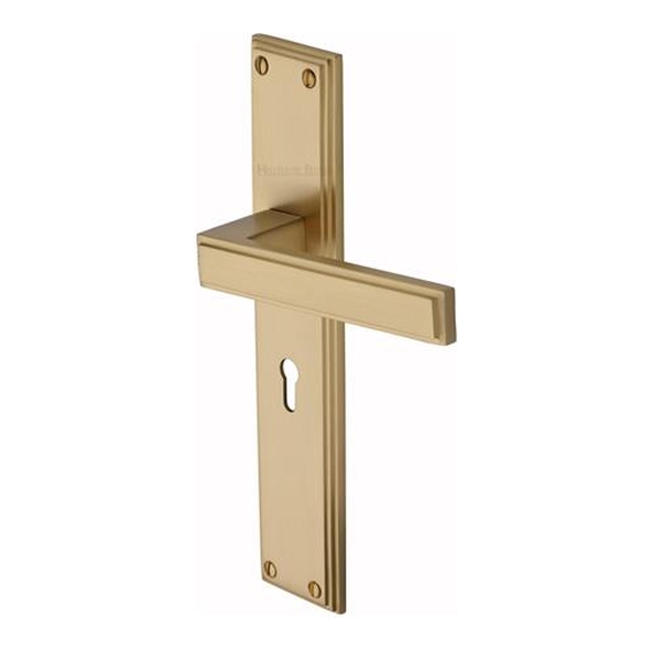 ATL6700-SB � Standard Lock [57mm] � Satin Brass � Heritage Brass Atlantis Long Backplate Art Deco Levers On Backplates