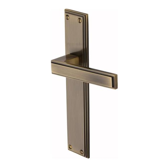 ATL6710-AT � Long Plate Latch � Antique Brass � Heritage Brass Atlantis Long Backplate Art Deco Levers On Backplates