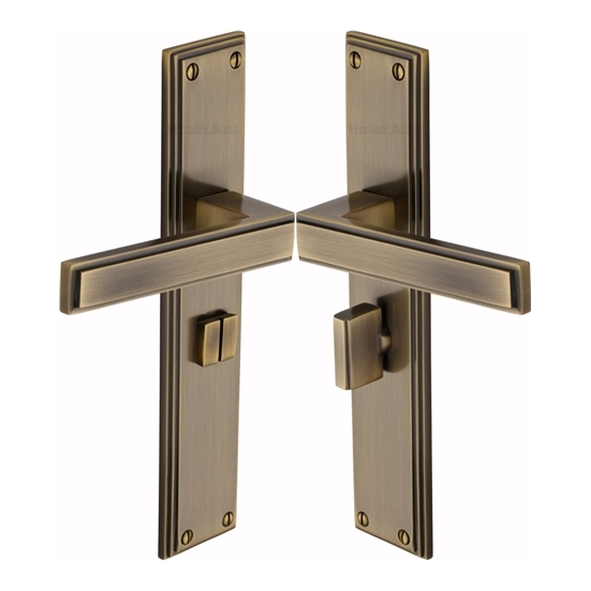 ATL6730-AT � Bathroom [57mm] � Antique Brass � Heritage Brass Atlantis Long Backplate Art Deco Levers On Backplates