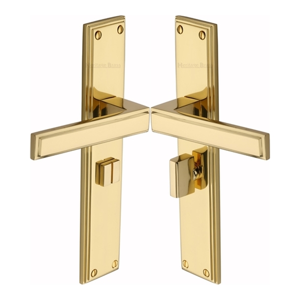 ATL6730-PB � Bathroom [57mm] � Polished Brass � Heritage Brass Atlantis Long Backplate Art Deco Levers On Backplates