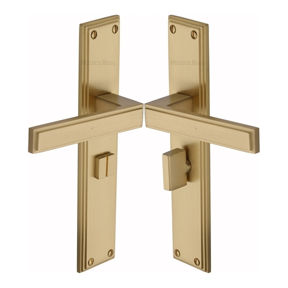 ATL6730-SB � Bathroom [57mm] � Satin Brass � Heritage Brass Atlantis Long Backplate Art Deco Levers On Backplates