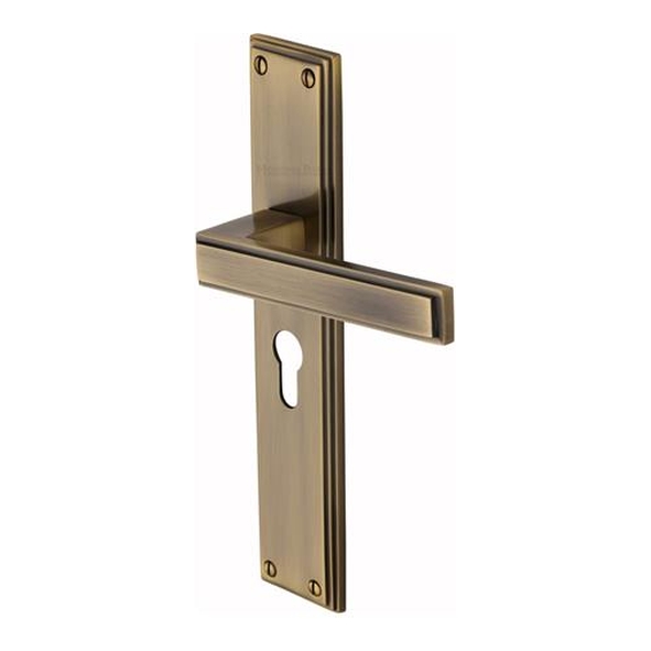 ATL6748-AT � Euro Cylinder [47.5mm] � Antique Brass � Heritage Brass Atlantis Long Backplate Art Deco Levers On Backplates