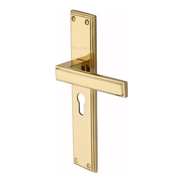 ATL6748-PB � Euro Cylinder [47.5mm] � Polished Brass � Heritage Brass Atlantis Long Backplate Art Deco Levers On Backplates