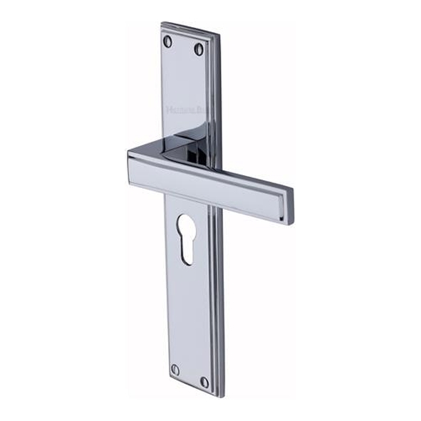 ATL6748-PC � Euro Cylinder [47.5mm] � Polished Chrome � Heritage Brass Atlantis Long Backplate Art Deco Levers On Backplates