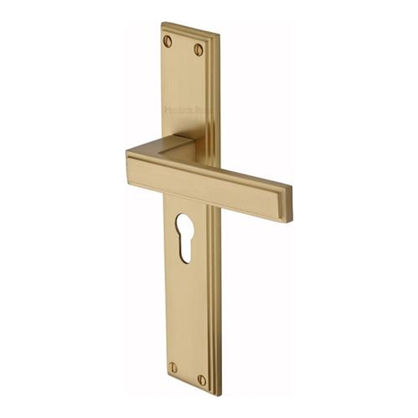 ATL6748-SB � Euro Cylinder [47.5mm] � Satin Brass � Heritage Brass Atlantis Long Backplate Art Deco Levers On Backplates