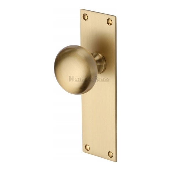 BAL8510-SB  Long Plate Latch  Satin Brass  Heritage Brass Balmoral Mortice Knobs On Backplates