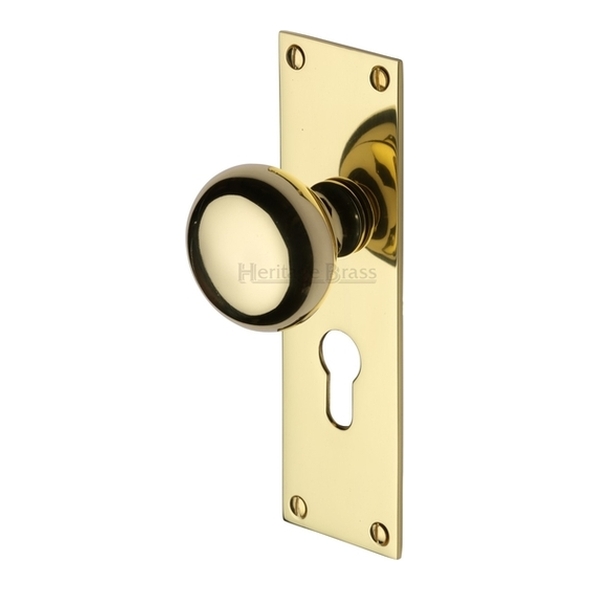 BAL8548-PB • Euro Cylinder [47.5mm] • Polished Brass • Heritage Brass Balmoral Mortice Knobs On Backplates