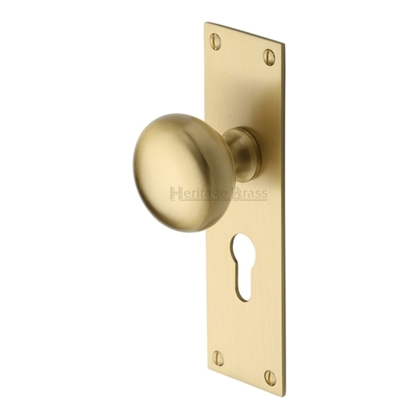 BAL8548-SB • Euro Cylinder [47.5mm] • Satin Brass • Heritage Brass Balmoral Mortice Knobs On Backplates