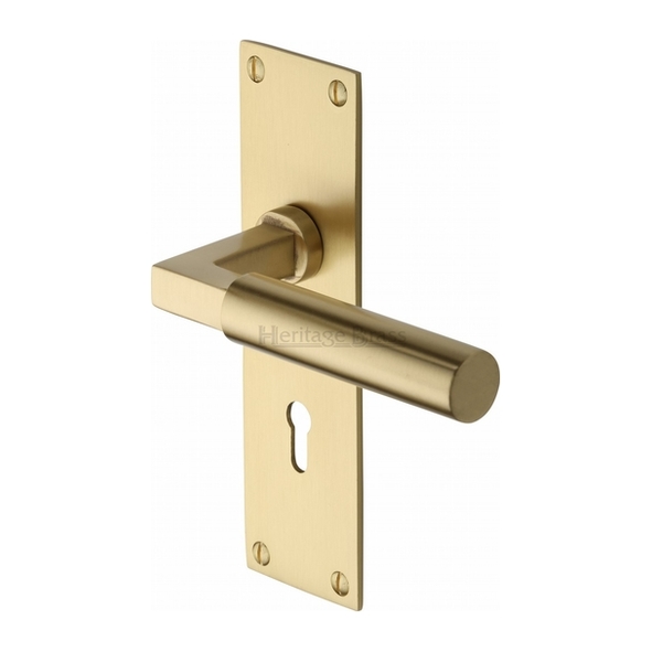 BAU7300-SB • Standard Lock [57mm] • Satin Brass • Heritage Brass Bauhaus Levers On Backplates