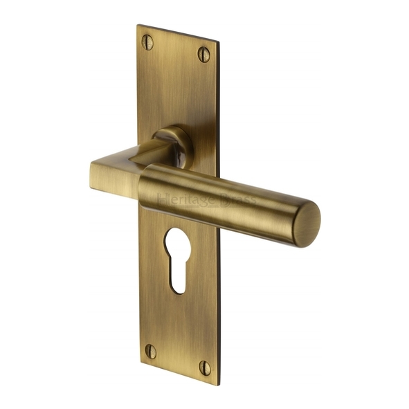 BAU7348-AT  Euro Cylinder [47.5mm]  Antique Brass  Heritage Brass Bauhaus Levers On Backplates