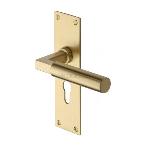 BAU7348-SB  Euro Cylinder [47.5mm]  Satin Brass  Heritage Brass Bauhaus Levers On Backplates