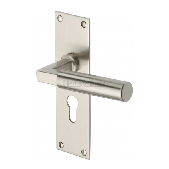 BAU7348-SN  Euro Cylinder [47.5mm]  Satin Nickel  Heritage Brass Bauhaus Levers On Backplates