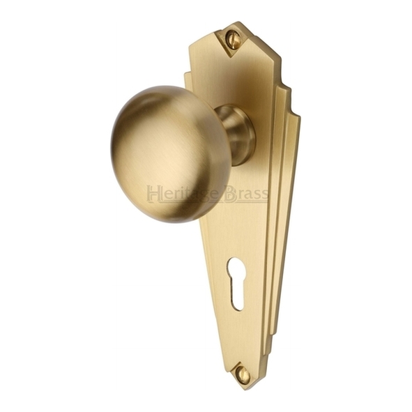 BR1800-SB • Standard Lock [57mm] • Satin Brass • Heritage Brass Broadway Mortice Knobs On Backplates
