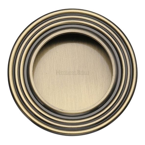 C1837-AT • 63mm Ø • Antique Brass • Heritage Brass Glue Fix Round Reeded Flush Pull