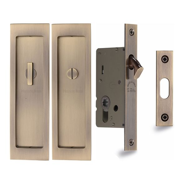 C1877-AT • For 35 to 52mm Door • Antique Brass •  Sliding Bathroom Lock Set With Rectangular Fittings