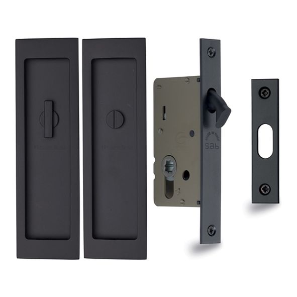 C1877-BKMT • For 35 to 52mm Door • Matt Black • Heritage Brass Sliding Bathroom Lock Set With Rectangular Fittings