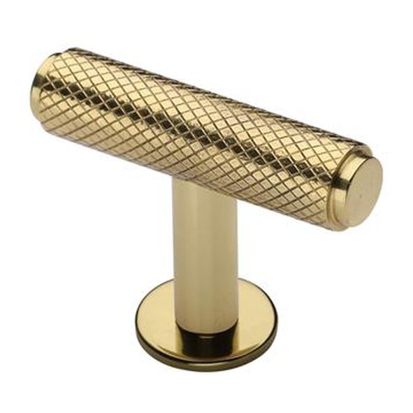 C4416-PB  45 x 11 x 16 x 32mm  Polished Brass  Heritage Brass Knurled T-Bar On Rose Cabinet Knob