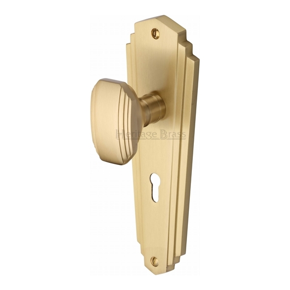 CHA1900-SB • Standard Lock [57mm] • Satin Brass • Heritage Brass Charlston Mortice Knobs On Backplates