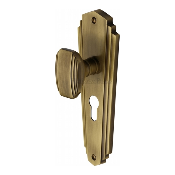 CHA1948-AT • Euro Cylinder [47.5mm] • Antique Brass • Heritage Brass Charlston Mortice Knobs On Backplates