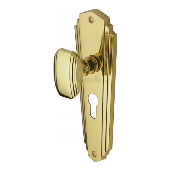 CHA1948-PB • Euro Cylinder [47.5mm] • Polished Brass • Heritage Brass Charlston Mortice Knobs On Backplates