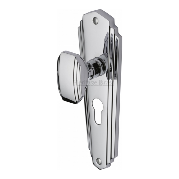 CHA1948-PC • Euro Cylinder [47.5mm] • Polished Chrome • Heritage Brass Charlston Mortice Knobs On Backplates