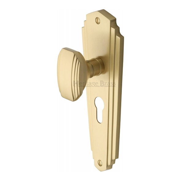 CHA1948-SB • Euro Cylinder [47.5mm] • Satin Brass • Heritage Brass Charlston Mortice Knobs On Backplates
