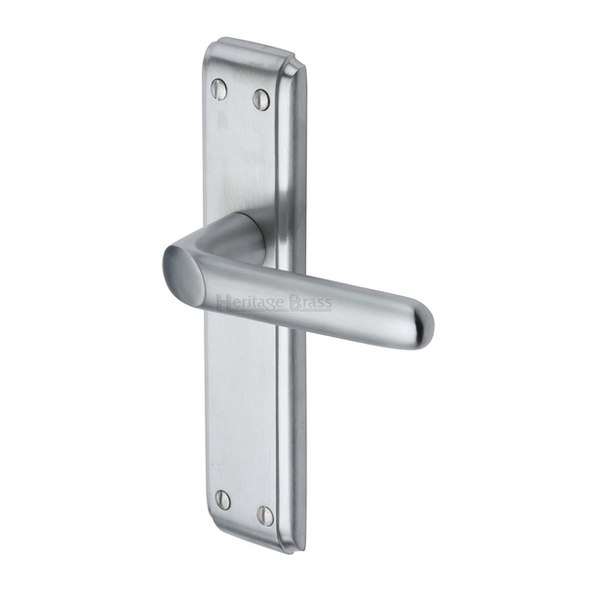 DEC3010-SC • Long Plate Latch • Satin Chrome • Heritage Brass Deco Levers On Backplates