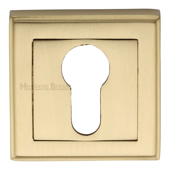 DEC7020-SB • Satin Brass • Heritage Brass Art Deco Square Euro Cylinder Escutcheon