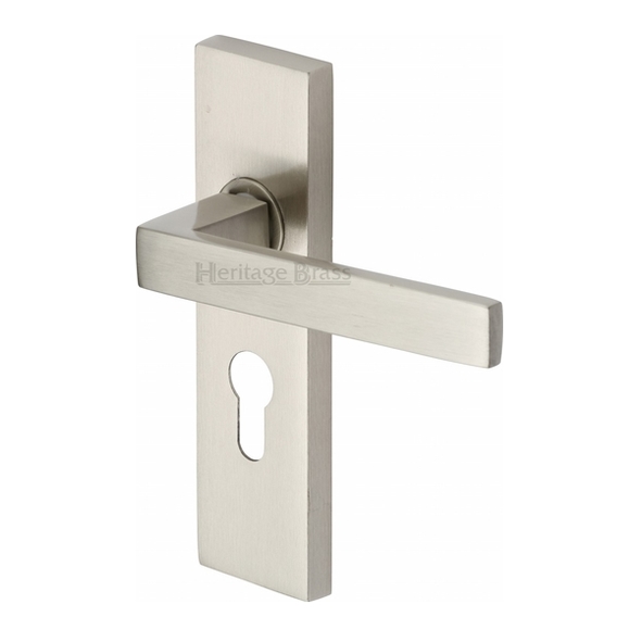 DEL6048-SN • Euro Cylinder [47.5mm] • Satin Nickel • Heritage Brass Delta Levers On Backplates