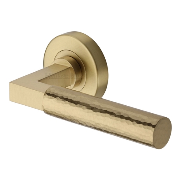 HAM2259-SB � Satin Brass � Heritage Brass Bauhaus Hammered Levers On Plain Round Roses