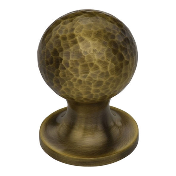 HAM8321-25-AT � 25 x 25 x 36mm � Antique Brass � Heritage Brass Sphere On Rose Hammered Cabinet Knob
