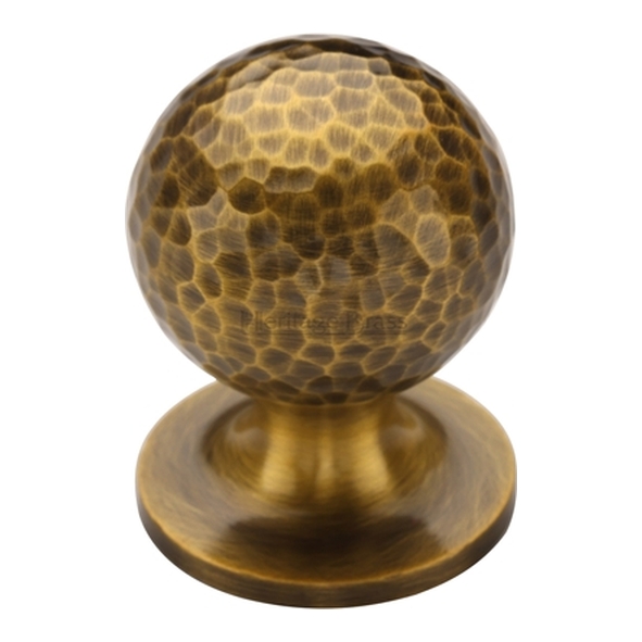 HAM8321-32-AT � 32 x 32 x 43mm � Antique Brass � Heritage Brass Sphere On Rose Hammered Cabinet Knob