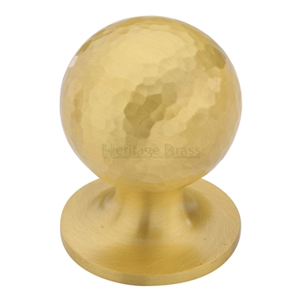 HAM8321-32-SB � 32 x 32 x 43mm � Satin Brass � Heritage Brass Sphere On Rose Hammered Cabinet Knob