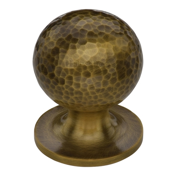 HAM8321-38-AT � 38 x 38 x 48mm � Antique Brass � Heritage Brass Sphere On Rose Hammered Cabinet Knob
