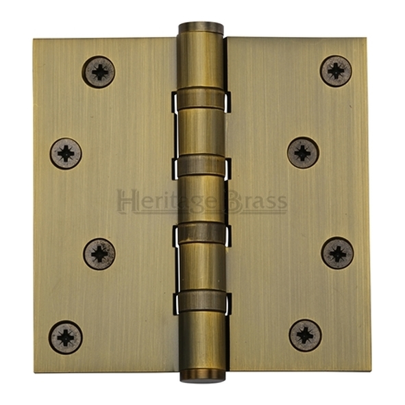 HG99-405-AT • 100 x 100 x 3.0mm • Antique Brass [80kg] • 4 Ball Bearing Square Corner Brass Butt Hinges