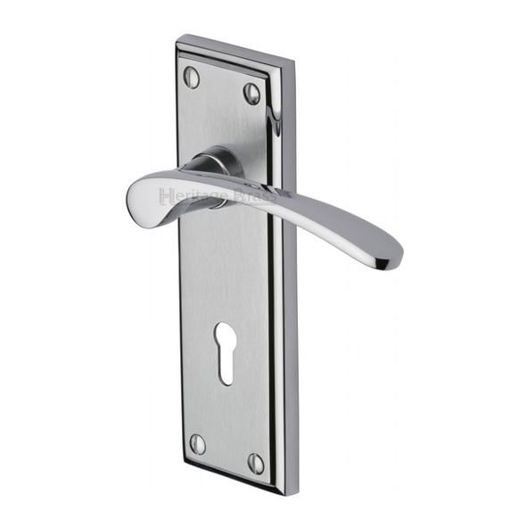 HIL8600-AP • Standard Lock [57mm] • Satin / Pol Chrome • Heritage Brass Hilton Levers On Backplates