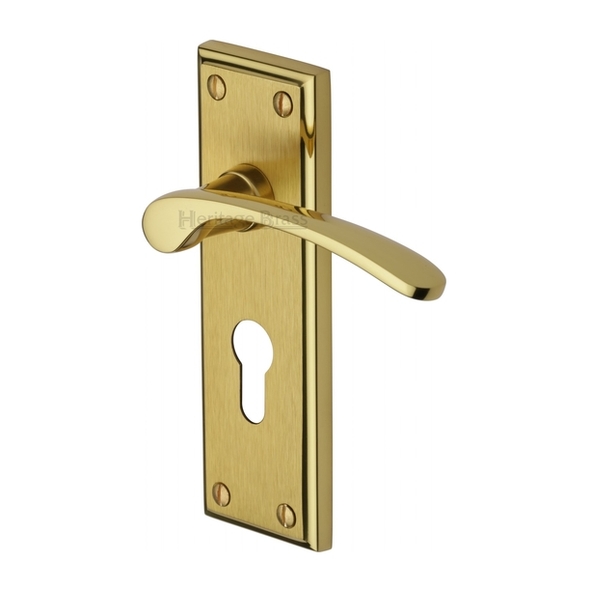 HIL8648-MF  Euro Cylinder [47.5mm]  Satin / Pol Brass  Heritage Brass Hilton Levers On Backplates