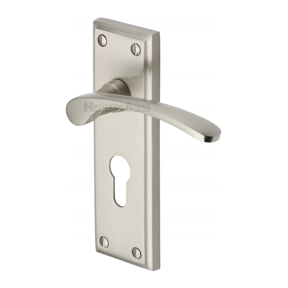 HIL8648-SN • Euro Cylinder [47.5mm] • Satin Nickel • Heritage Brass Hilton Levers On Backplates