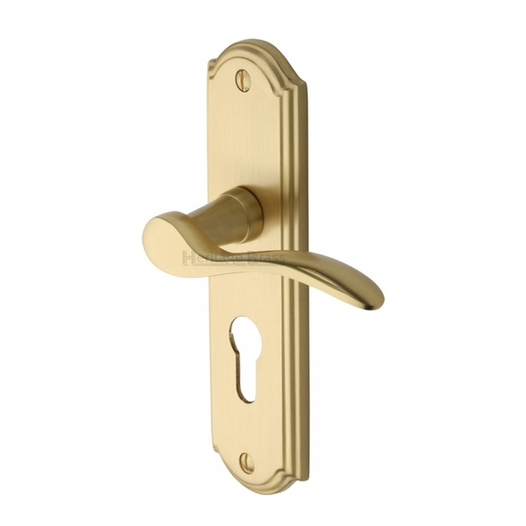 HOW1348-SB • Euro Cylinder [47.5mm] • Satin Brass • Heritage Brass Howard Levers On Backplates
