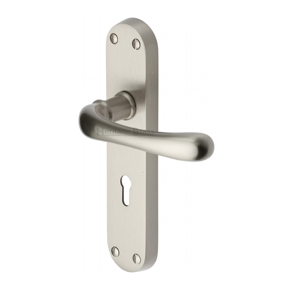 LUN5300-SN  Standard Lock [57mm]  Satin Nickel  Heritage Brass Luna Levers On Backplates