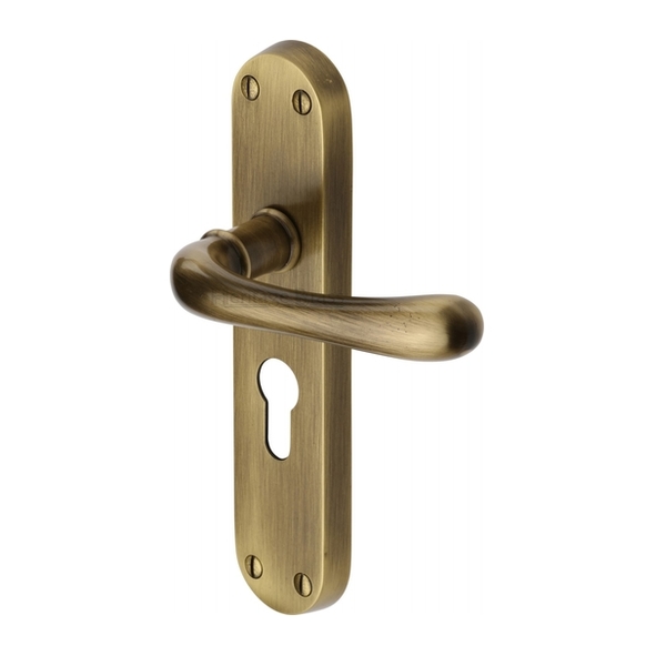 LUN5348-AT • Euro Cylinder [47.5mm] • Antique Brass • Heritage Brass Luna Levers On Backplates
