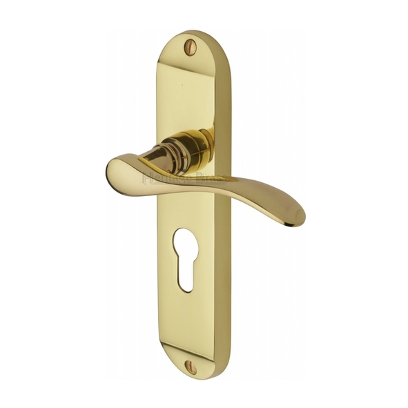 MAY7648-PB  Euro Cylinder [47.5mm]  Polished Brass  Heritage Brass Maya Levers On Backplates