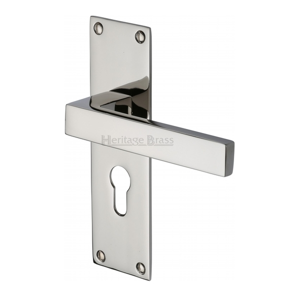 MET4948-PNF • Euro Cylinder [47.5mm] • Polished Nickel • Heritage Brass Metro Levers On Backplates