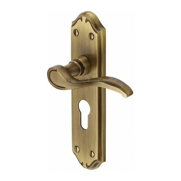 MM625-AT • Euro Cylinder [47.5mm] • Antique Brass • Heritage Brass Verona Levers On Backplates
